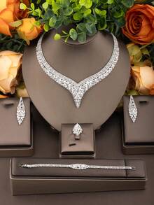 1 Set de joyas estilo vintage elegante con diseño hueco de circonita cúbica, que incluye 1 par de pendientes, 1 collar, 1 pulsera, 1 anillo, adecuado para boda y fiesta, sin caja de regalo incluida