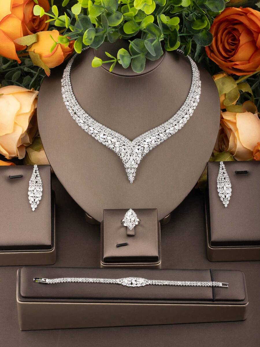 1 Set de joyas estilo vintage elegante con diseño hueco de circonita cúbica, que incluye 1 par de pendientes, 1 collar, 1 pulsera, 1 anillo, adecuado para boda y fiesta, sin caja de regalo incluida