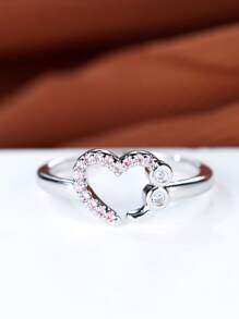 1 Peça Anel Feminino de Design de Coração Aberto com Pétalas de Flor Elegante com 2 Pedras de Zircônia Cúbica Branca, Adequado para Uso Casual, Férias, Aniversário