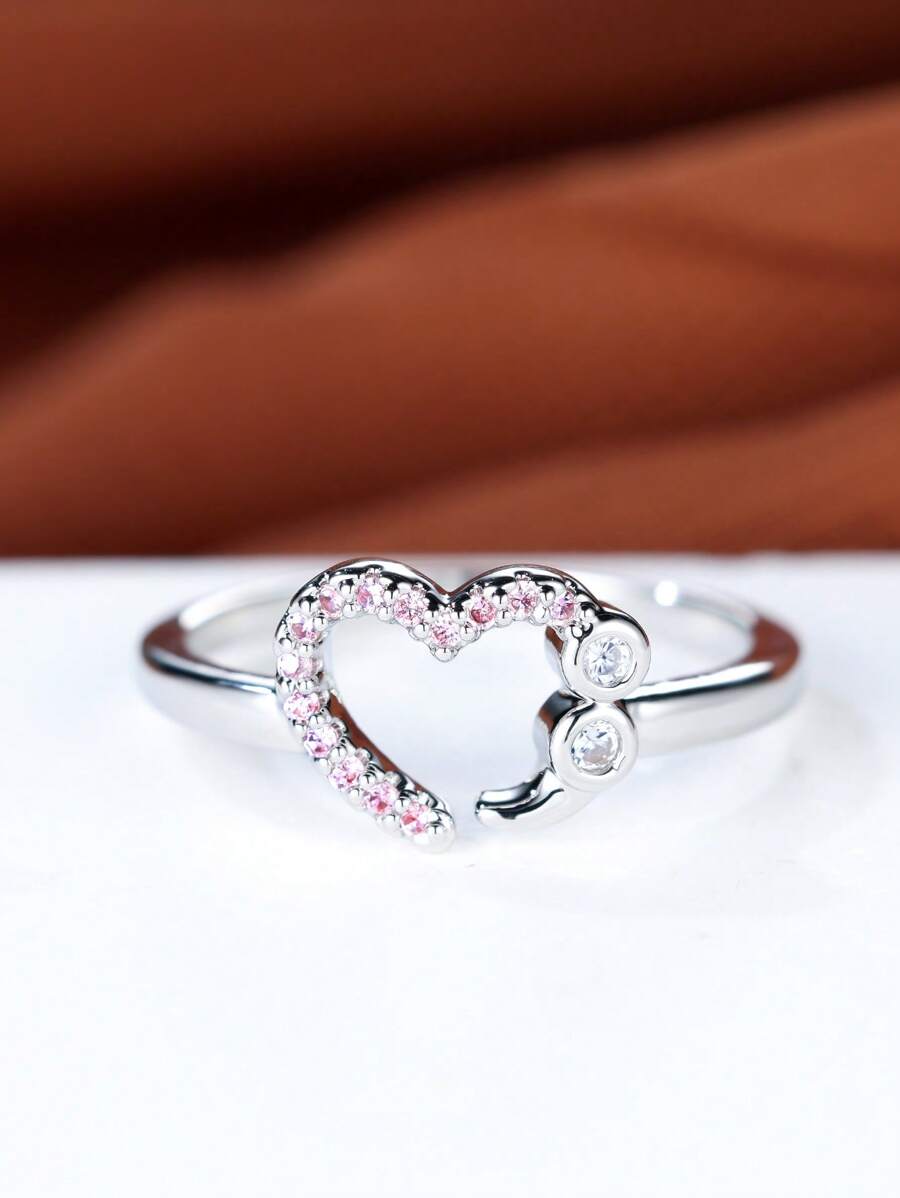 1 Peça Anel Feminino de Design de Coração Aberto com Pétalas de Flor Elegante com 2 Pedras de Zircônia Cúbica Branca, Adequado para Uso Casual, Férias, Aniversário