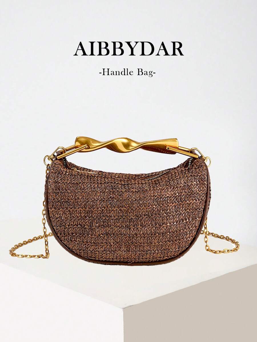 Geantă de paie cu mâner metalic la modă, stil casual de vacanță, geantă de mână simplă pentru femei, potrivită pentru plajă, articole esențiale de călătorie, utilizare în vacanță, accesorii de plajă perfecte pentru femei