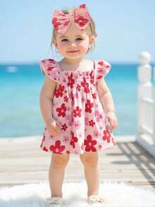 Conjunto de 2 piezas de camisetas sin mangas y pantalones cortos con estampado floral y mangas abullonadas para bebé niña - Rosa - Ver 1