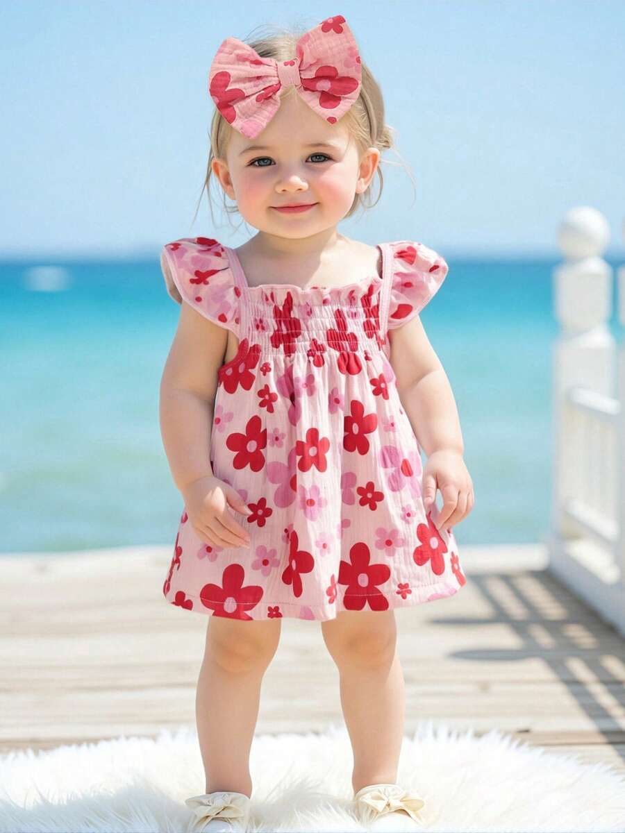 Conjunto de 2 piezas de camisetas sin mangas y pantalones cortos con estampado floral y mangas abullonadas para bebé niña - Rosa - Ver 1