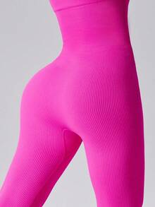 Seamless Flare Jumpsuit Women Slimming Yoga Activewear Tube Top Bodysuit High Waist Tummy Control Gym Workout Wear Stretchable Outdoor Sportswear Casual Body Shaper Breathable Fitness Apparel - 玫紅色 - 查看 6