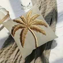 1pc Vintage Gold Palm Tree 2D Print Decorative Throw Pillow Cover, 18x18 Inch - Tropical Beach Style, Suitable For Living Room Sofa Bedroom Decor, Machine Washable, Without Pillow Form