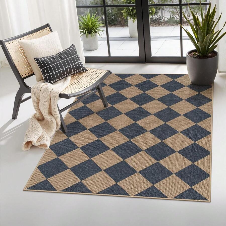 Checkered Easy Jute 3x5 Outdoor Patio Rug, Washable Rugs For Entryway Diamond Indoor Outdoor Living Room Carpet, Farmhouse Neutral Non Slip Black Door Carpet For Backyard Bedroom - 藍色/棋盤格-2 - 查看 1