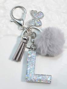 1 件首字母银色闪光钥匙扣，树脂滴蝴蝶吊坠，包/车装饰，男女通用礼物汽车配件包魅力学校可爱哥特 Y2k - 銀色 - 查看 30