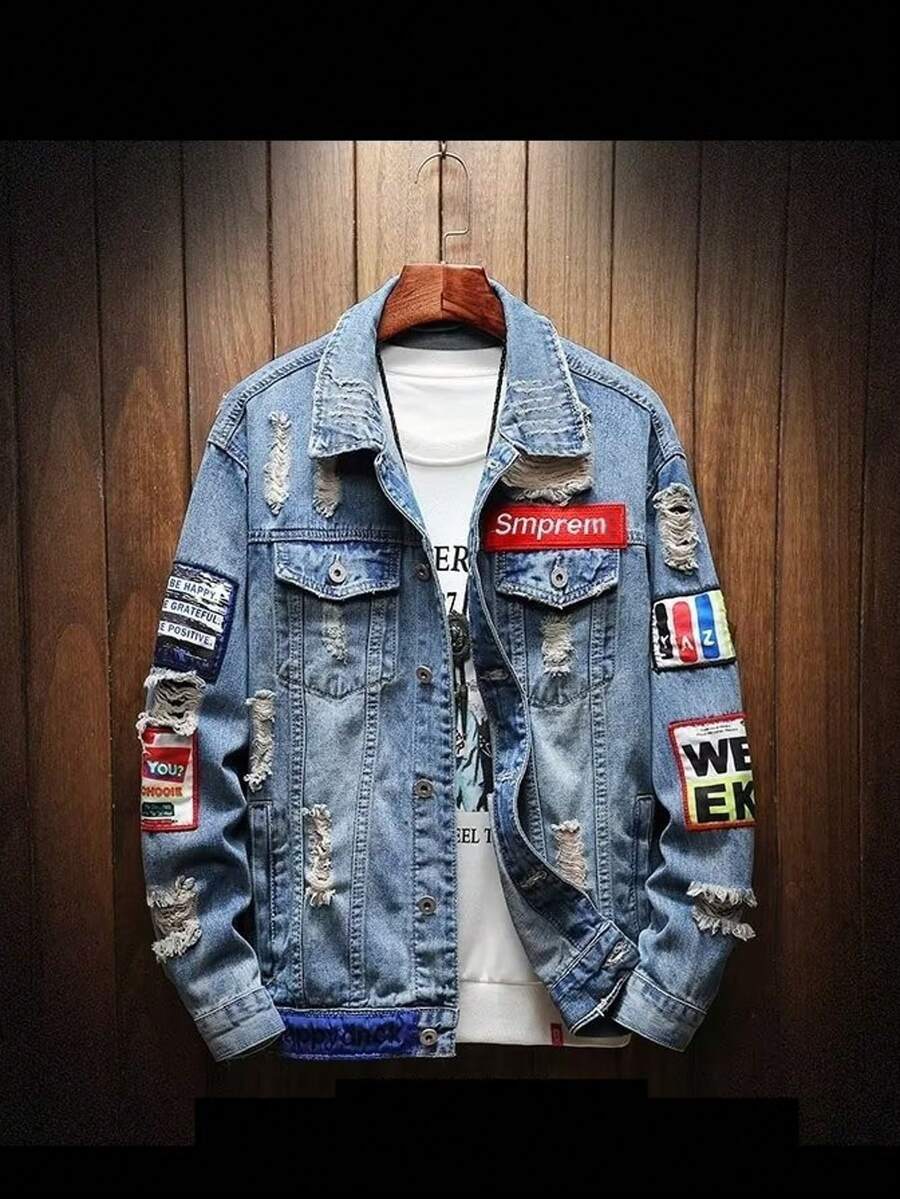 Men's Spring And Summer Denim Jacket Loose Casual Hole Denim Jacket CoatCasual - Amekaji    Tie Dye    Fall/Winter    Regular Fit    Button  Pocket  Ripped - 藍色 - 查看 1