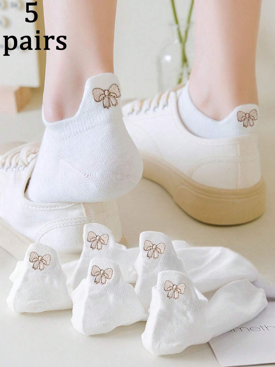 5 Pairs Women Cute Sweet Butterfly Pattern Minimalist White Ankle Socks, Suitable For Daily Wear - White - View 1