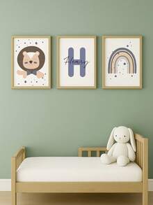 3 件定制无框儿童海报动物墙面艺术印刷品、个性化姓名、波西米亚风、狮子、彩虹、儿童装饰、儿童房装饰海报、水彩墙面艺术图片儿童卧室家居装饰、感恩节礼物、独特的圣诞节礼物、圣诞节礼物、新年礼物、开学生日礼物