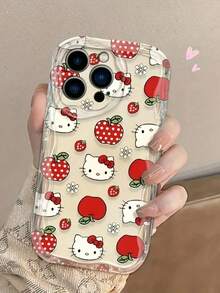 Sanrio 1pc Cute Bow Kitten, Polka Dot APPLE Drawing, Cream Edge Phone Case, Drop-Proof And Non-Yellowing Compatible With Apple 16/15/11/12/13/14 Pro Max/Xs/Xr/11 Pro/11 Pro Max/12 Pro/12 Pro Max/13 Pro/13 Pro Max/7 Plus/14 Pro/14 Pro Max/14 Plus/8 Plus /Se2,Galaxy /S21 5G/S21 FE 5G/S21 Ultra 5G/ S22/S22 Ultra/S22+/S23 Ultra/S23/S23+/S24/S24+/S24 Ultra/S24FE /S25/S25+/S25 Ultra, Xiao Mi, Redmi Note, OPPO, Vivo, Honor Waterproof Shockproof Anti-Fall Scratch Resistant
