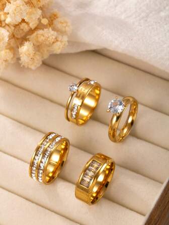 4 件套不锈钢女士戒指套装，优雅的罗马数字钻石和宝石镶嵌，适合女性日常佩戴、节日、约会、情侣礼物