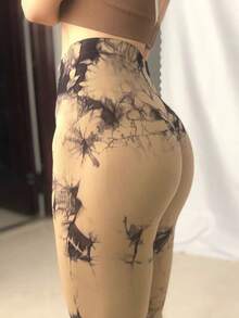 女款紮染無縫高腰瑜伽緊身褲，提臀塑形健身運動長褲 - 卡其色 - 查看 4