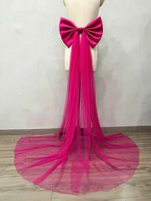 女士白色缎面大蝴蝶结网纱腰带，长135厘米。情人节配饰