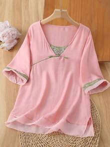 JIANHU Pastellrosa Leinen Boho Bluse - Sommer Blumen bestickte Oberteile | Obi Knoten Ausschnitt & grüner botanischer Saum für 4. Juli/Abschluss/Gartenfest | Weich & atmungsaktiv, locker geschnittenes Hemd - Pink - Übersicht 2