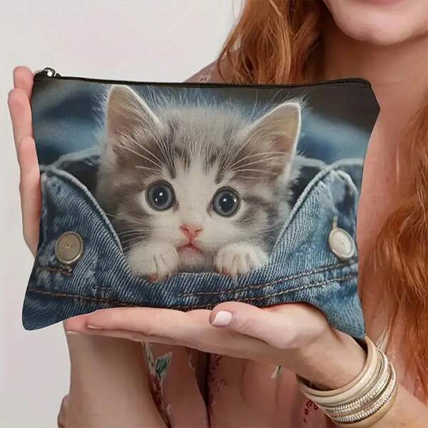1pc Hot Fun Makeup Bag, Cute Makeup Bag, Kitten Makeup Bag, Kitten Enthusiast Gift, Multi Functional Portable Toilet Bag, Outdoor Accessories Bag,Travel Makeup Bag,Perfect For Travel,Vacation,Business, Fitness,Camping, And Outdoor Use,Back To School.Emergency Bag For School Christmas Gift