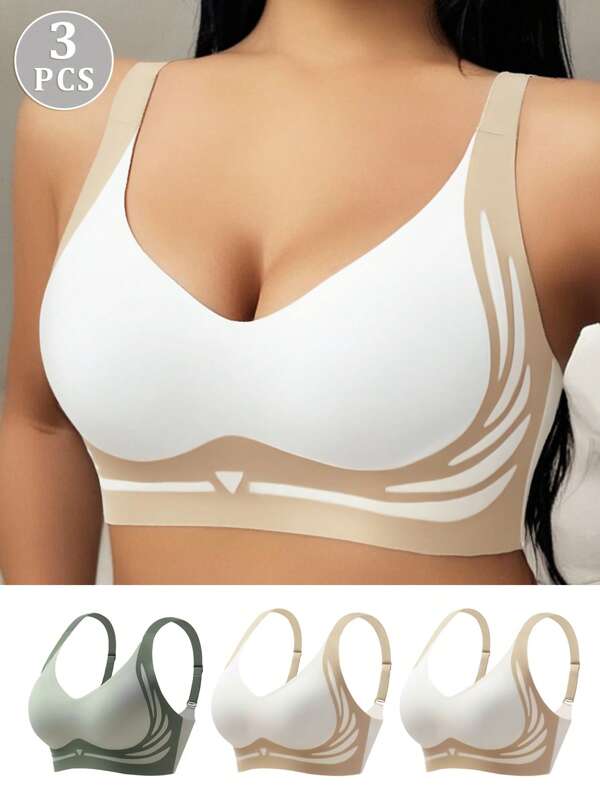 3pcs/Pack Plus Size Seamless Wireless Bras For Women, Adjustable Back Closure Lightly Padded Push Up Bras