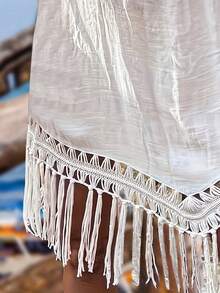 Women's Summer Vacation Style Hand Hook Spliced Colorful Knitted Thread Spliced Tassel V-Neck Pullover Hollowed Out Beach Bikini Cover Short Skirt - 白色 - 查看 5