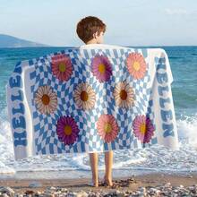 1pc Custom Name Microfiber Beach Towel, Contemporary Striped Daisy Pattern, Super Absorbent Swim Towel, Comfortable Beach Accessory, Stylish Poolside Towel, Ideal Christmas Gift For Boy And Girl - 250gsm Knit Fabric,Suitable For Mother's Day Gifts - Multicolor - View 4