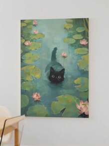 1 pièce canevas murale Affiche d'un chat noir fantaisiste nageant parmi les nénuphars dans un étang tranquille, magnifiquement rehaussé par une palette de couleurs douces. Affiches parfaites pour ajouter une touche de gaieté et de nature à n'importe quelle pièce, prêtes à accrocher, cadre en option