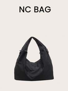 Bolsa de mão em tecido de nylon preto, nova coleção primavera/verão 2025, bolsa de ombro de grande capacidade em cor sólida, bolsa casual de tecido despojado, bolsa tote versátil estilo universitário, simples e moderna, bolsa de viagem com vários bolsos com zíper