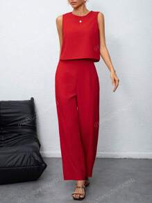 2 Stücke Frühling/Sommer 2025 Europäischer und Amerikanischer Mode Damen einfarbiges minimalistisches Pendler-Set, Rundhals-ärmelloses Crop Top kombiniert mit hochbundigem weitem Beinhose mit Taschen