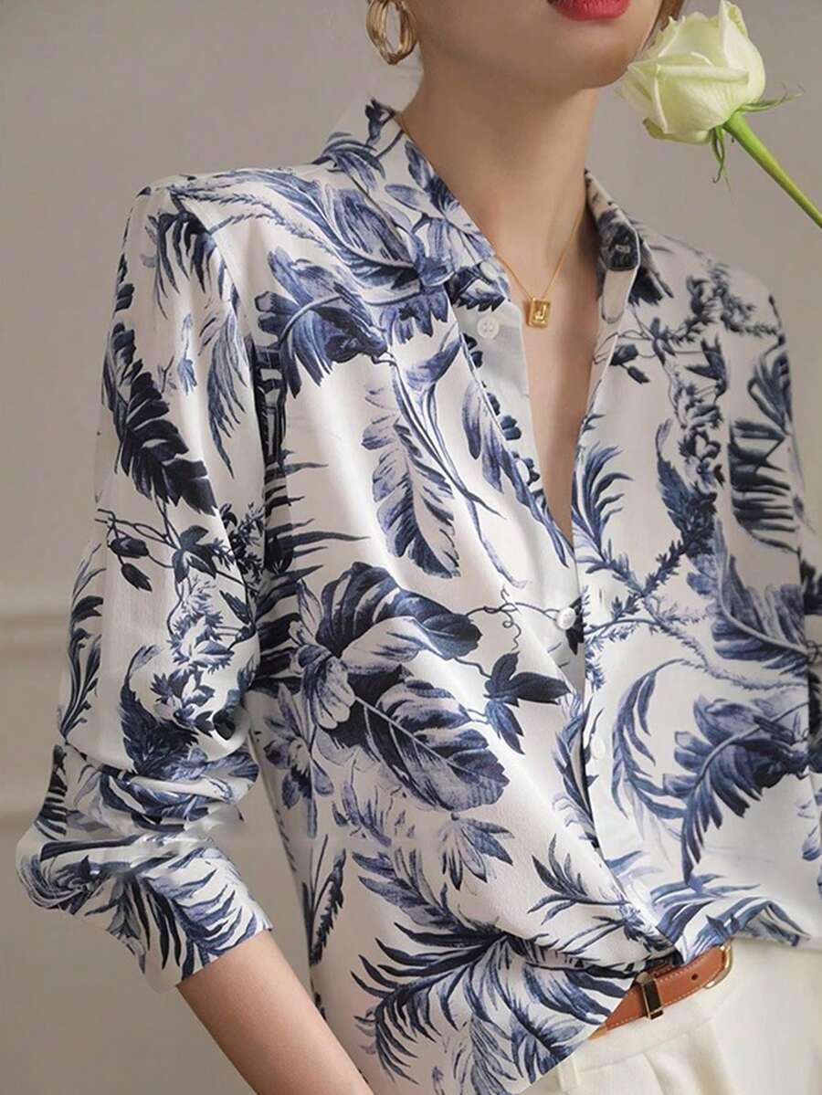 夏季女装全身印花树叶图案前扣女衬衫优雅时尚长袖翻领上衣商务休闲女衬衫 - 藏蓝色 - 查看 1