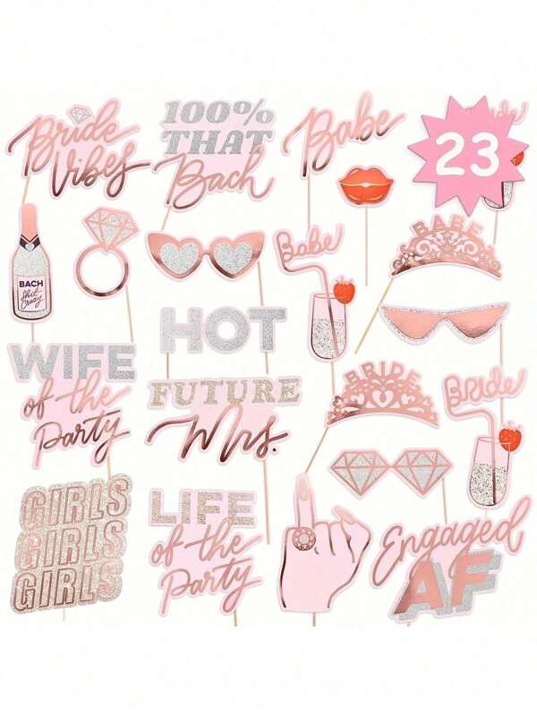 23-Piece Bachelorette Party Photo Booth Props Set - Wooden Paper Bridal Shower & Bachelor Party Supplies, Wedding & Birthday Photobooth Pose Signs Kit For Fun Memories