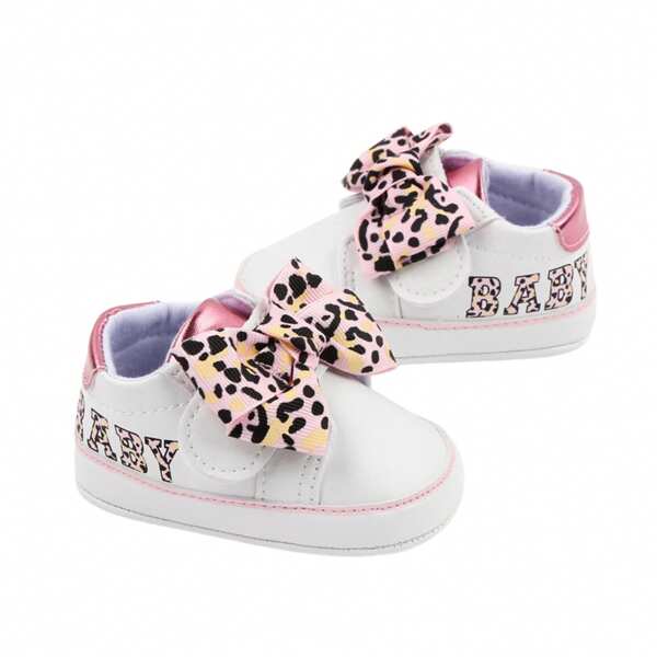 Baby Girl Sneaker, Non-Slip Bow Letters Leopard Print Flats First Walking Shoes For Casual Daily