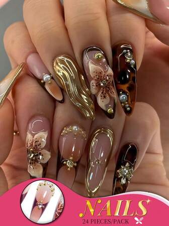 一盒24个长款细高跟指甲，复古豹纹图案搭配金属边框和3D花卉图案，彰显高贵优雅与独特魅力，按压式指甲套装，含指甲锉和果冻胶，适合所有女性，日常和派对场合的理想之选，为您的指尖增添一抹独特的奢华。美甲用品 指甲