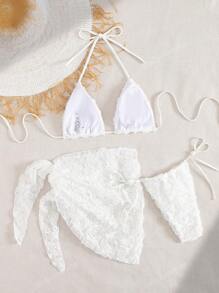 3pcs Solid Rose Floral Print Elegant Backless Bikini Set, Suitable For Resort, Beach, Stage Performance, Summer
