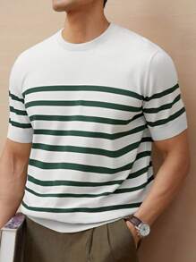 Camiseta de cuello redondo de rayas tejida, minimalista, casual, para uso diario
