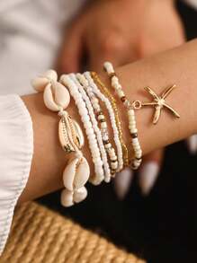 7pcs Bohemian Style Beaded Bracelet Set With Shell, Faux Pearl And Starfish Charms, Suitable For Women (Random Color Beads)