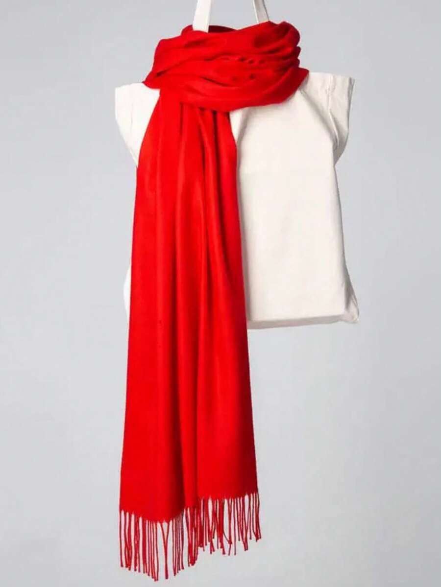 MilyModa Plain Cashmere Scarf 150g With Fringes - Red - View 1