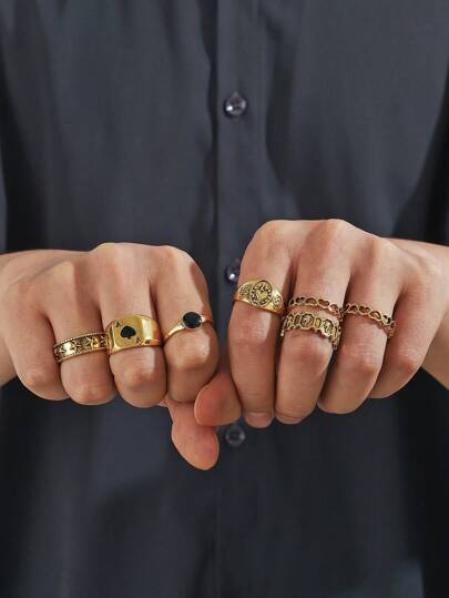 7pcs Punk Metal Hollow Heart Printed Fashionable Retro Rap Finger Ring Set For Men