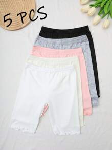 Set de 5 piezas de leggings de verano para niñas, pantalones capri casuales para niños, versión delgada para primavera/verano, leggings de 3/4 con dobladillo con volantes, color blanco, rosa, gris, negro, unicolor, minimalista versátil, adecuado para uso diario, leggings suaves y cómodos, se pueden combinar con blusas y vestidos para volver a la escuela