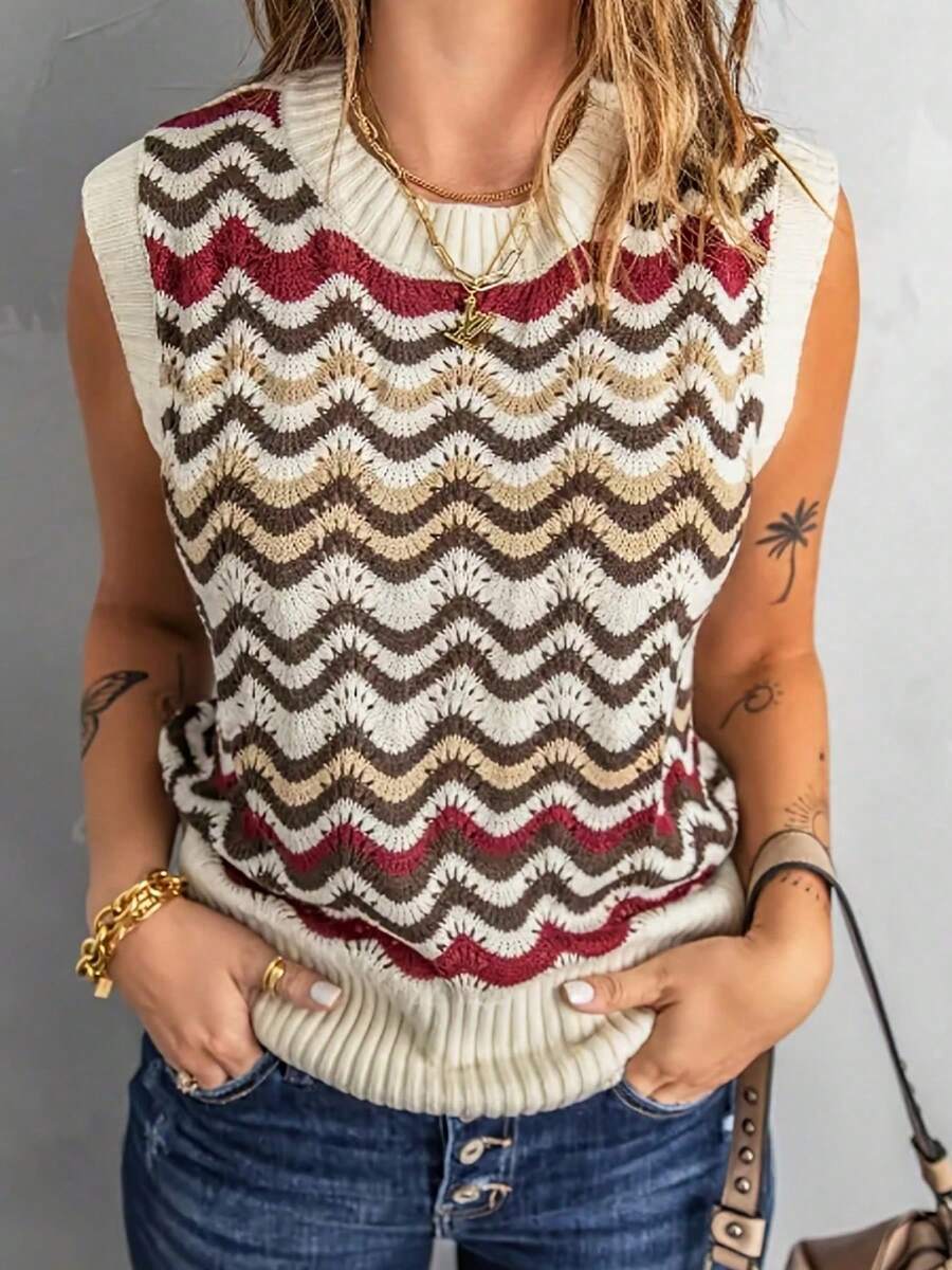 1pc Colorful Striped Contrast Round Neck Sleeveless Knit Top, Versatile Vest Sweater, Women - Mixed Colors - View 1