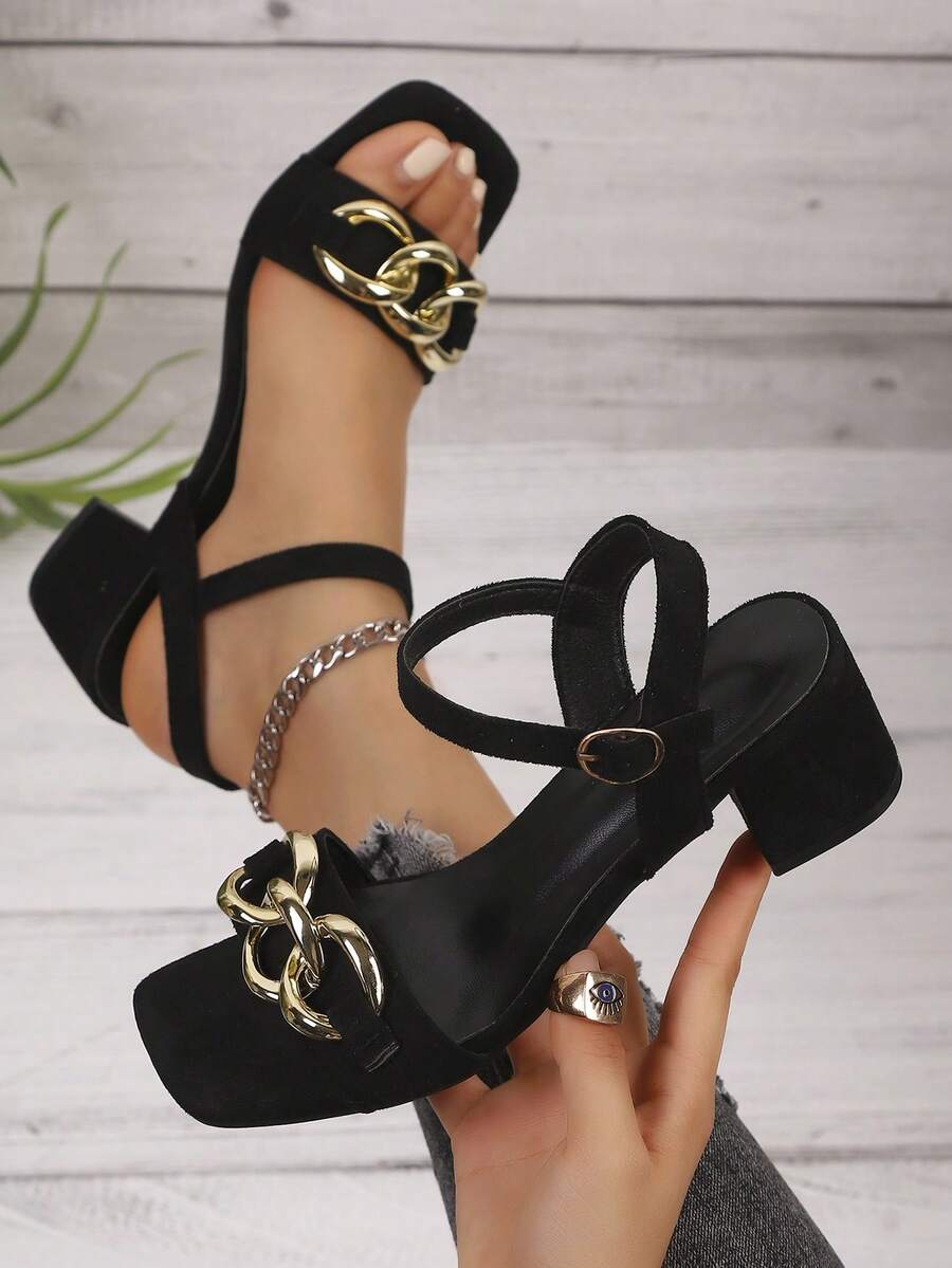 1 Pair Fashion Women Chunky Heel Sandals, Solid Color Open Toe, Simple & Stylish, Suede Covered Heel, Fashionable European And American Design - Vàng Đen - Xem 1