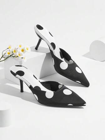 Fall/Winter Minimalist Elegant Black Polka Dot Pointy Toe Backless Stiletto High Heels, Commuting Style,Elegant,Kitten Heels,Mule,Party