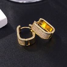 Pair Of Gold Square Hoop Earrings With Shiny Stones - Fashion Style For Ladies - 方四排鑽 - 查看 3
