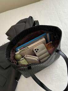 Túi Tote In Chữ Dung Tích Lớn, Túi Đeo Vai Thiết Kế Đơn Giản Cho Nữ, Thích Hợp Đi Làm, Phong Cách Châu Âu & Mỹ - màu đen - Xem 7