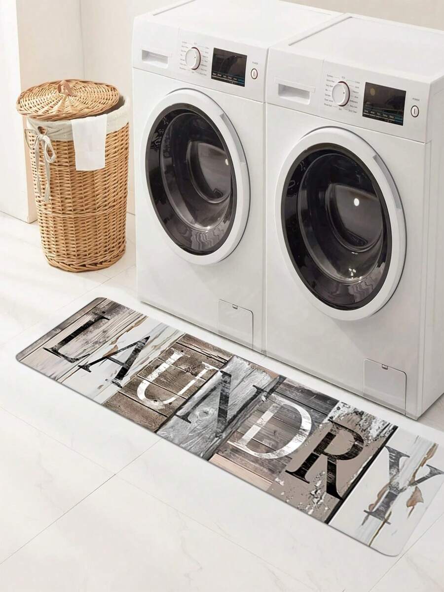 1/2pcs Laundry Wood Grain Design Pattern Floor Mat - Non Slip Laundry Blanket - Fashionable Letter Printed Mat - Soft Machine Washable, Home Decor Blanket, Best Gift, Laundry Decor Blanket