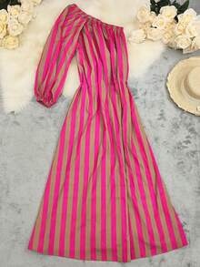 Vestido de verano para mujer de estilo vacacional, de un hombro, con rayas y estampados, sexy - Rosa - Ver 3