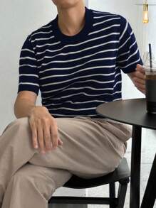 Men's Striped Knit Crew Neck Short Sleeve T-Shirt, Casual & Business Slim Fit, Breathable For Summer