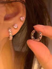 2 Pairs Elegant Geometric Round Simple Copper Hoops With Cubic Zirconia Inlaid, Minimalist Style Ladies' Daily Earrings - Silver+Pink - View 4