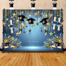 1pc Polyester Graduation Party Backdrop, Navy Blue With Gold Stars & Sparkling Lights, Versatile Decoration For Holiday Parties, Yard, Studio, Home & Garden Celebrations, No Electric Required | Luxurious Appearance - 1PCS - View 5
