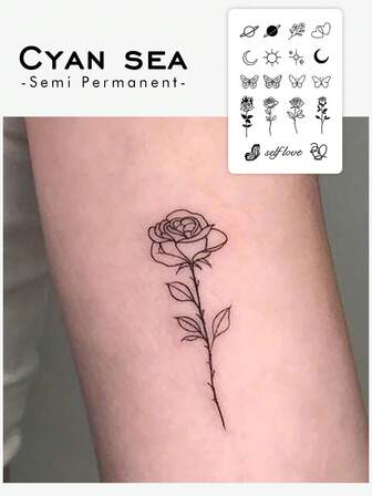 1 张草本花卉临时纹身贴纸，玫瑰、蝴蝶、月亮、心形图案，持久 7-14 天，防水、防汗，适合人群