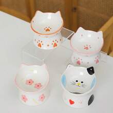 A Creative Elevated Cat Bowl, Ceramic Cat Food Bowl, Water Bowl With Stand To Prevent Overturning, Neck Protection Cat Bowl, Tilted Design Cat Bowl