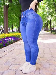 Pantalon jeans sin bolsas de mezclilla estilo skinny stretch  para dama mujer ajustado push up cintura alta corte colombiano - Azul Jaspeado - Ver 4