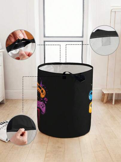 1pc Cartoon Gaming Device Printed Large Capacity Foldable Round Storage Basket With Handle, Multi-Purpose Storage Bin For Bathroom, Bedroom, Laundry, Toys, Baby Supplies, Collapsible Dirty Clothes Hamper Laundry Basket,Basket